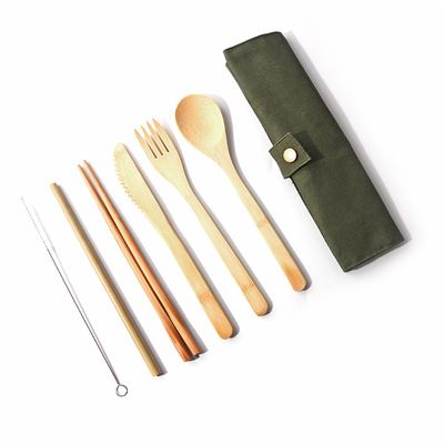 Bamboo Travel Reusable Knife Fork Spoon Chopstick Straw Clean Brush With Carrying Bag Bamboo Cutlery Tableware Travel Set